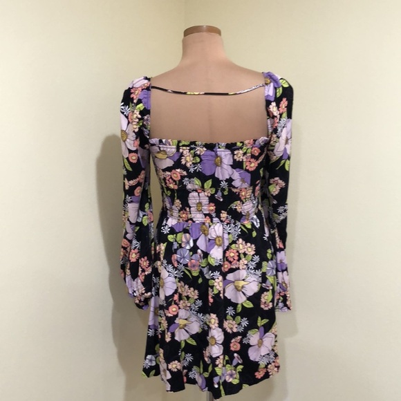 AFRM Noir Summer Bouquet Dress Size Small Black Floral Puff Sleeve Mini - Picture 4 of 10